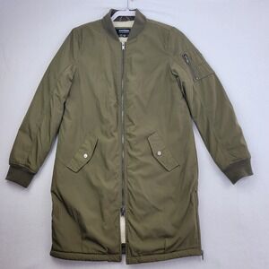 Coffee Shop Womens Olive Green Longline Bomber Jacket Sherpa Lined Size Small